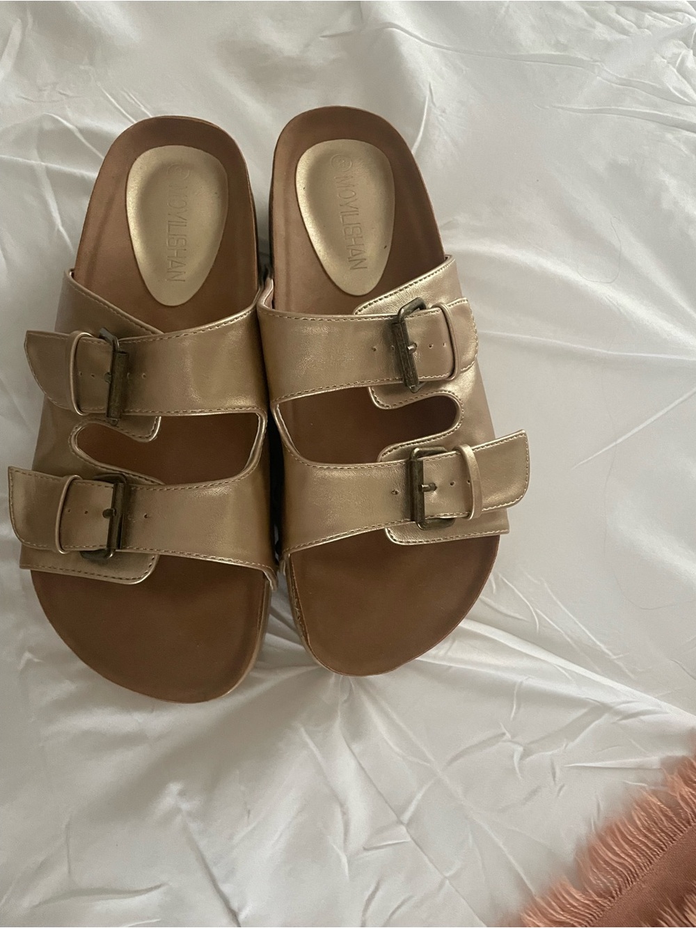 Metallic Gold Double-Buckle Slide Sandals
